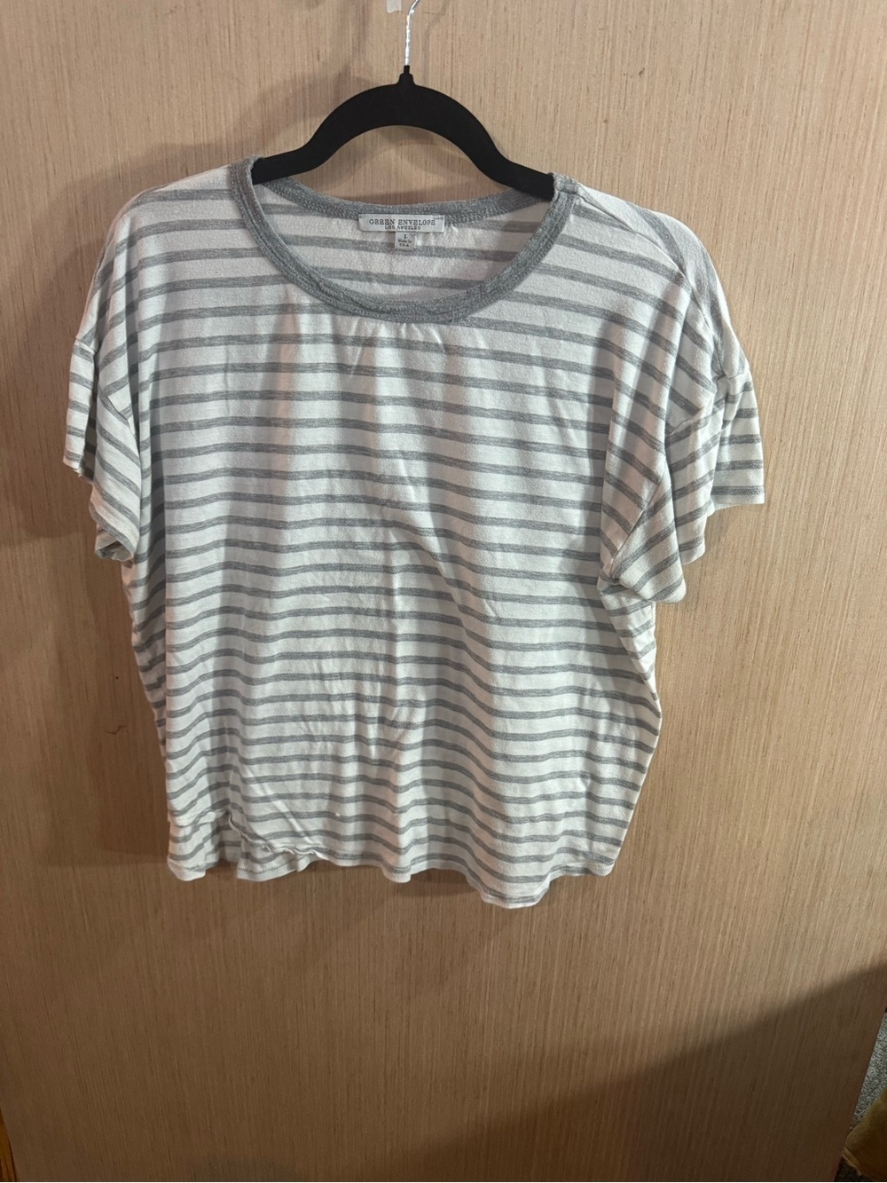 Green Envelope White and Gray Striped Short Sleeve Tee Size Large